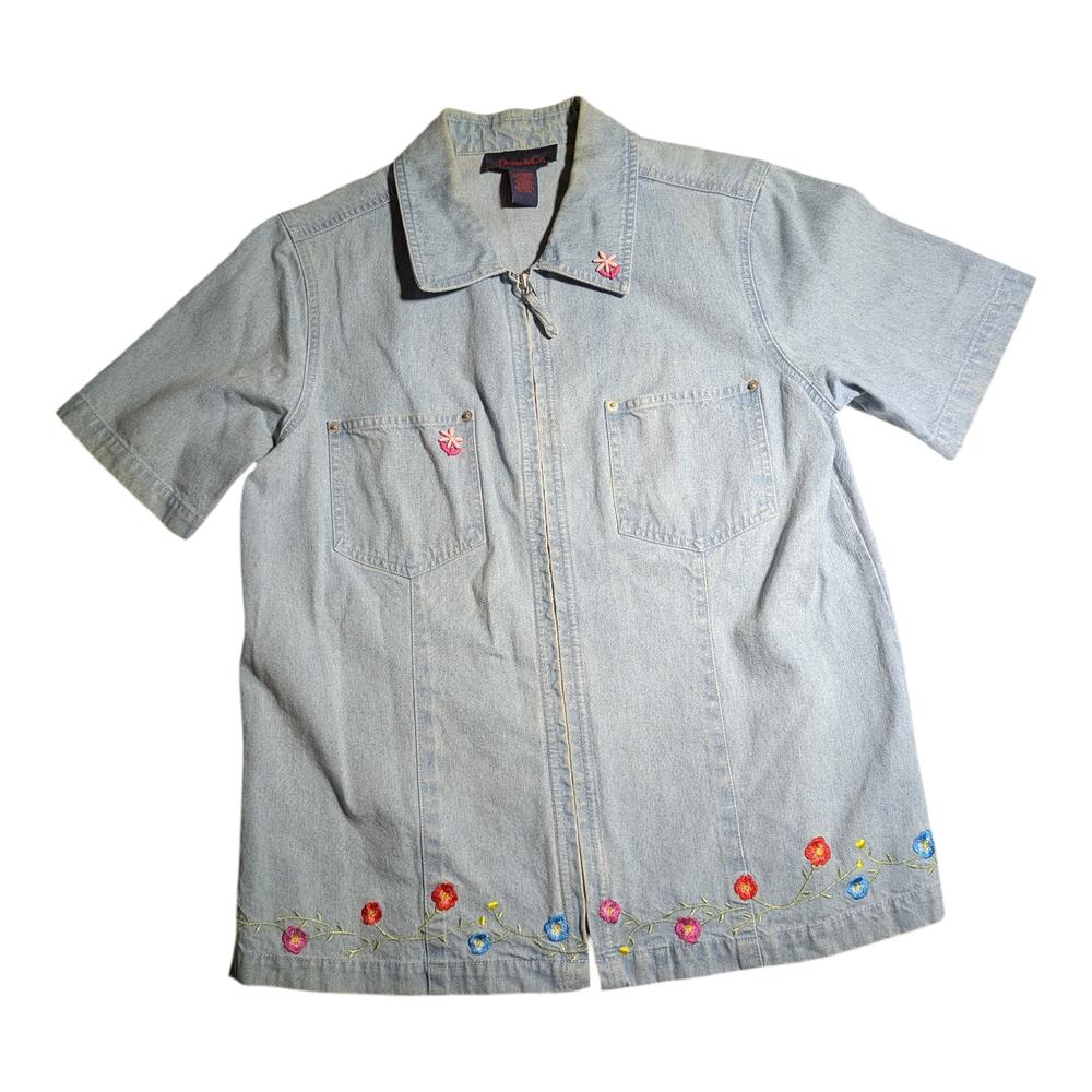 Vtg 1990s Denim & Co Blue Light Wash Cotton Floral Embroidered Full Zip Top Sz M